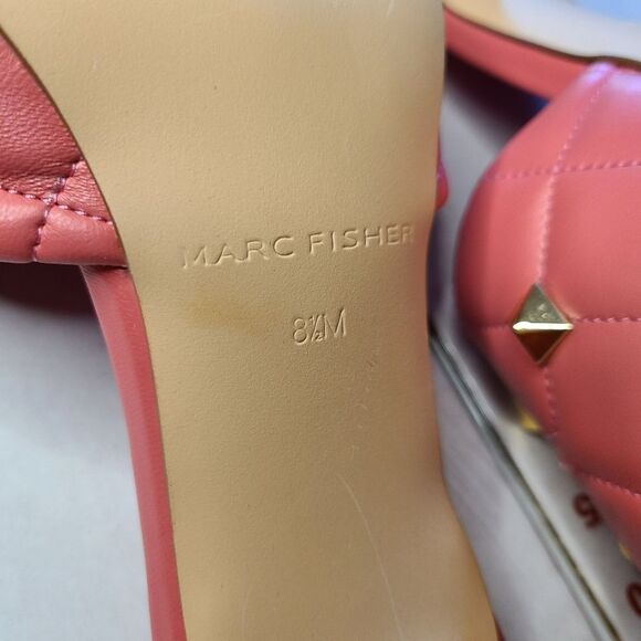 NWT Marc Fisher Pink Square Toe Quilted Kitten Heel Mules Gold Studded Feminine - Picture 5 of 6